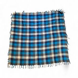 Chaudry Blue Plaid Fringed Scarf with Gray Blue and White Strands